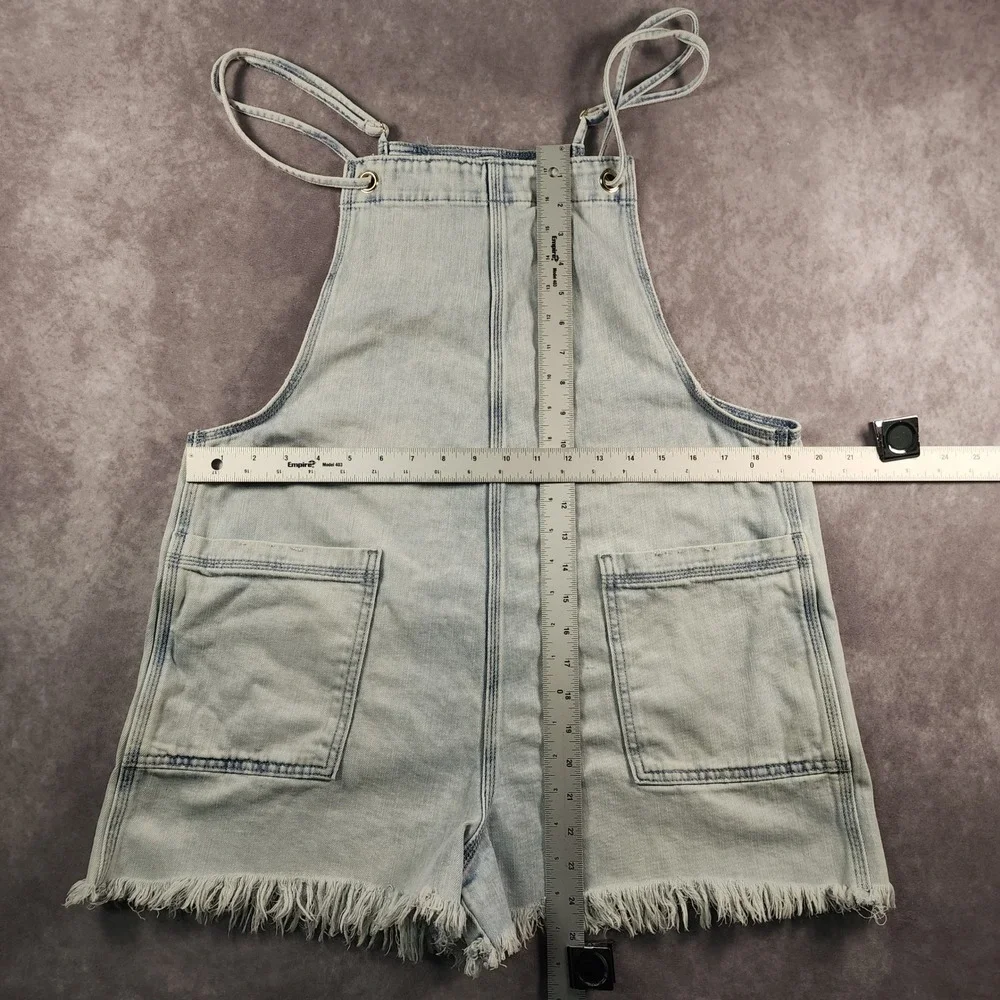 Aerie Women Large Light Wash Denim Shortalls Distressed Raw Hem Overalls L